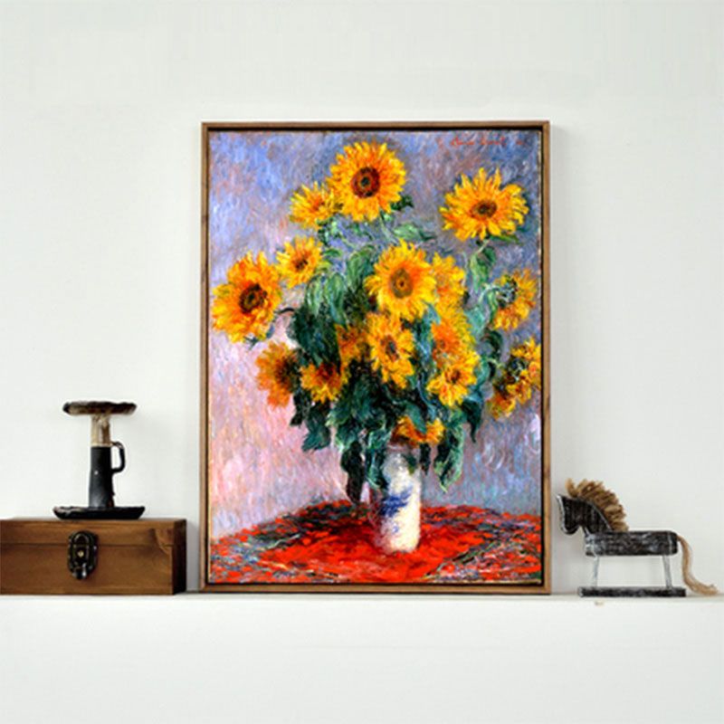 Yellow Sunflower Vase Painting Still Life Traditional Textured Canvas Wall Art for Bedroom