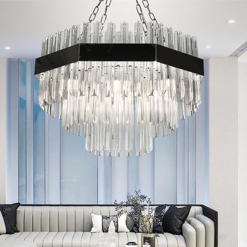 Layered Chandelier Lighting Modern Beveled Crystal 10 Bulbs Suspension Pendant Light in Silver