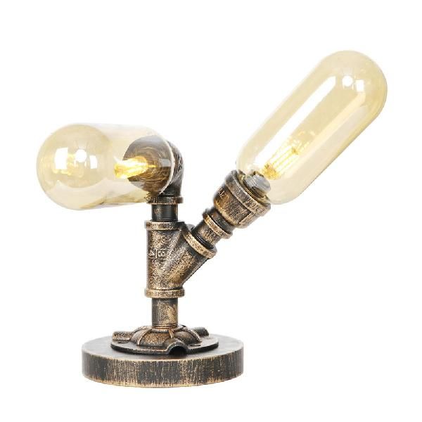 Industrial Oval Shade Desk Light 2-Bulb Clear/Amber Glass Table Lamp in Aged Bronze for Living Room