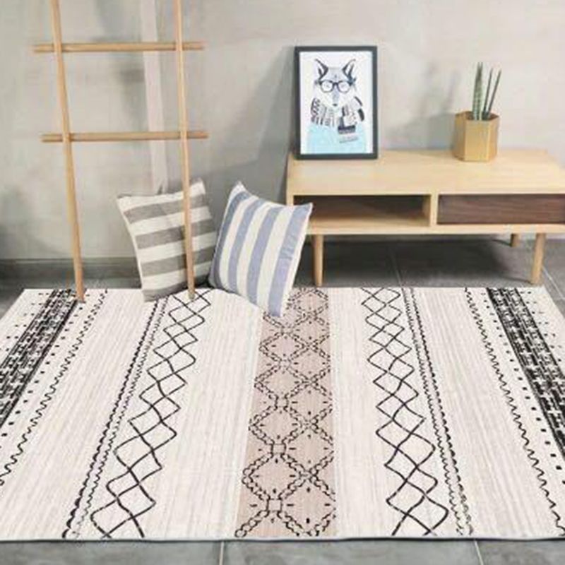 White Tone Bohemian Area Carpet Polyester Tribal Symbols Indoor Rug Easy Care Carpet for Living Room