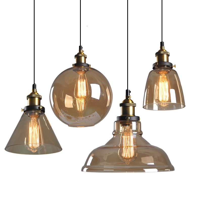 Retro Industrial 1 Light Pendant Amber Handblown Glass Dome Pendant Lighting  for Living Room