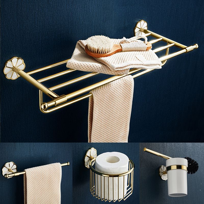 Gold Modern Bathroom Accessory Set, Bath Shelf, Towel Bar, Paper Holder, Robe Hooks