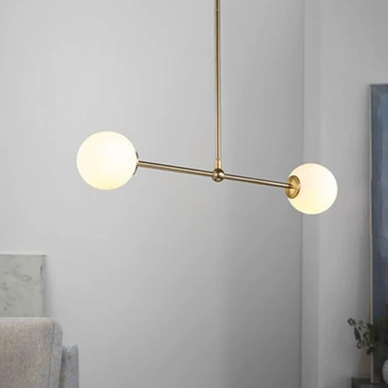 Minimalist Bar Shaped Pendant Light Metallic 2 Lights Postmodern Chandelier in Gold with Orb White Glass Shade