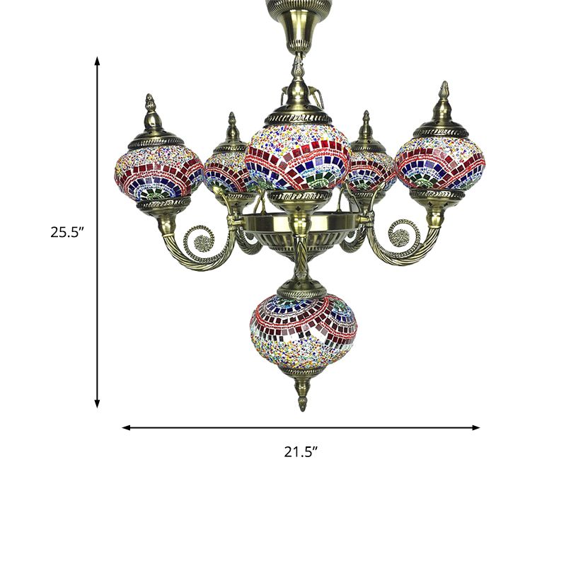 Gebogen arm hanger kroonluchter traditionele rood/blauw/oranje rood glas 6 lampen hangende verlichtingsarmatuur voor coffeeshop