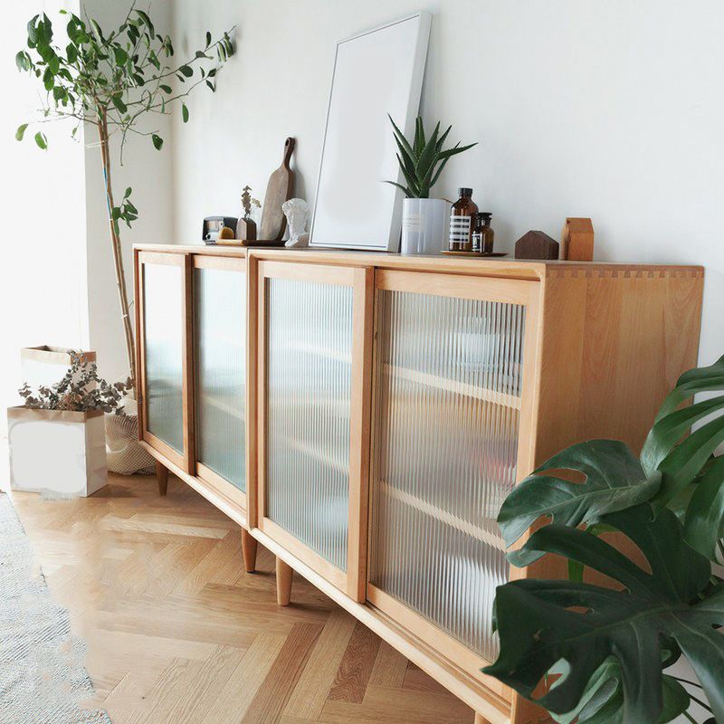 Pine Wood Dining Server Modern Kitchen Sideboard with Glass Door