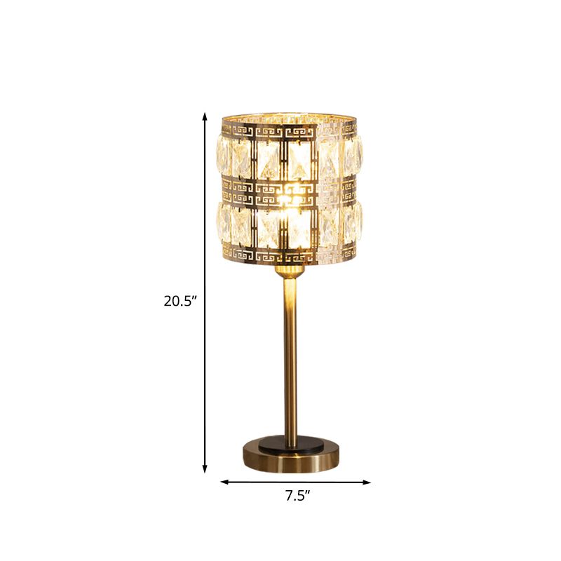 Minimalist Cylindrical Night Table Lighting Inserted Crystal 1 Bulb Bedroom Nightstand Lamp in Brass