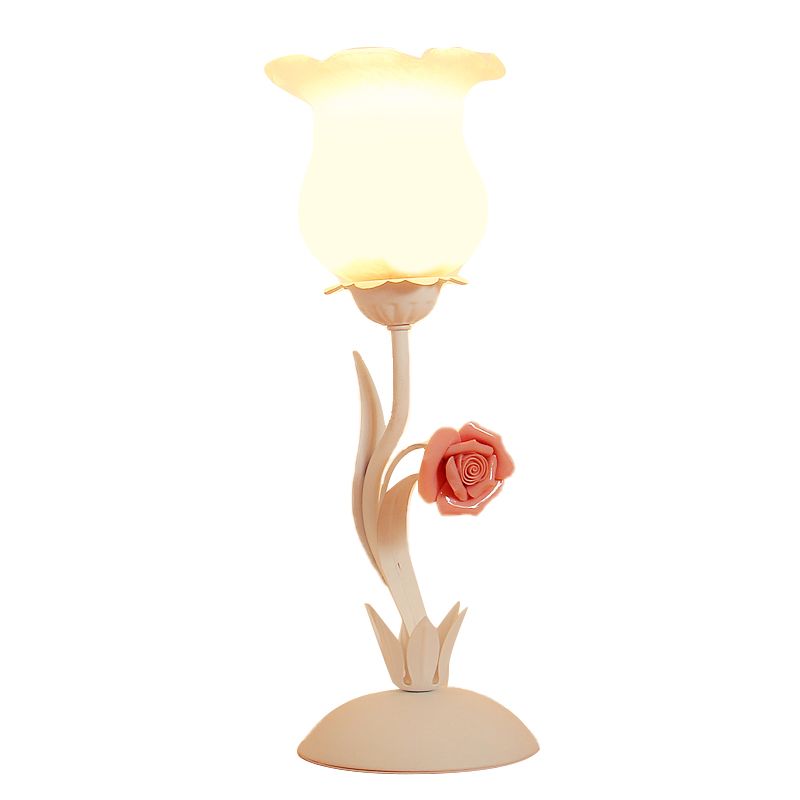 1-Bulb Frosted Glass Nightstand Light Pastoral Style Pink/Blue Rose Night Table Lighting for Bedroom