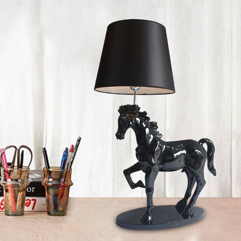 Black Steed Nightstand Light Retro Resin Single Bedside Table Lamp with Cone Fabric Shade