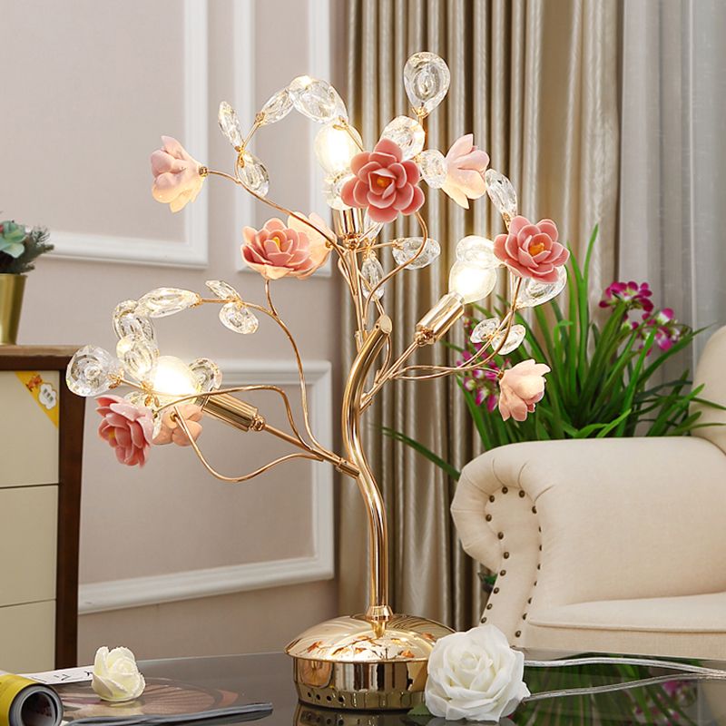 Postmodern Floral Table Lamp 3 Bulbs Crystal Night Light in Pink with Branching Design