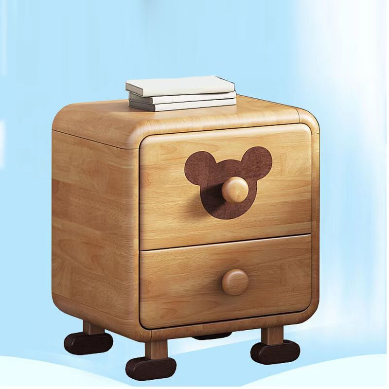 2 Drawers Standard Nightstand in Natural Solid Wood Kids Bedside Table