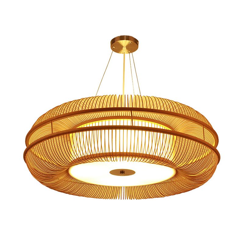 Dunut Pendant Lamp Chinese Bamboo 1 Bulb Beige Hanging Ceiling Light, 25.5"/31.5" Shade