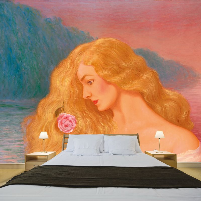 Surrealism Girls Mural Wallpaper with Rene Magritte Blonde Women Painting Brown Wall Decor