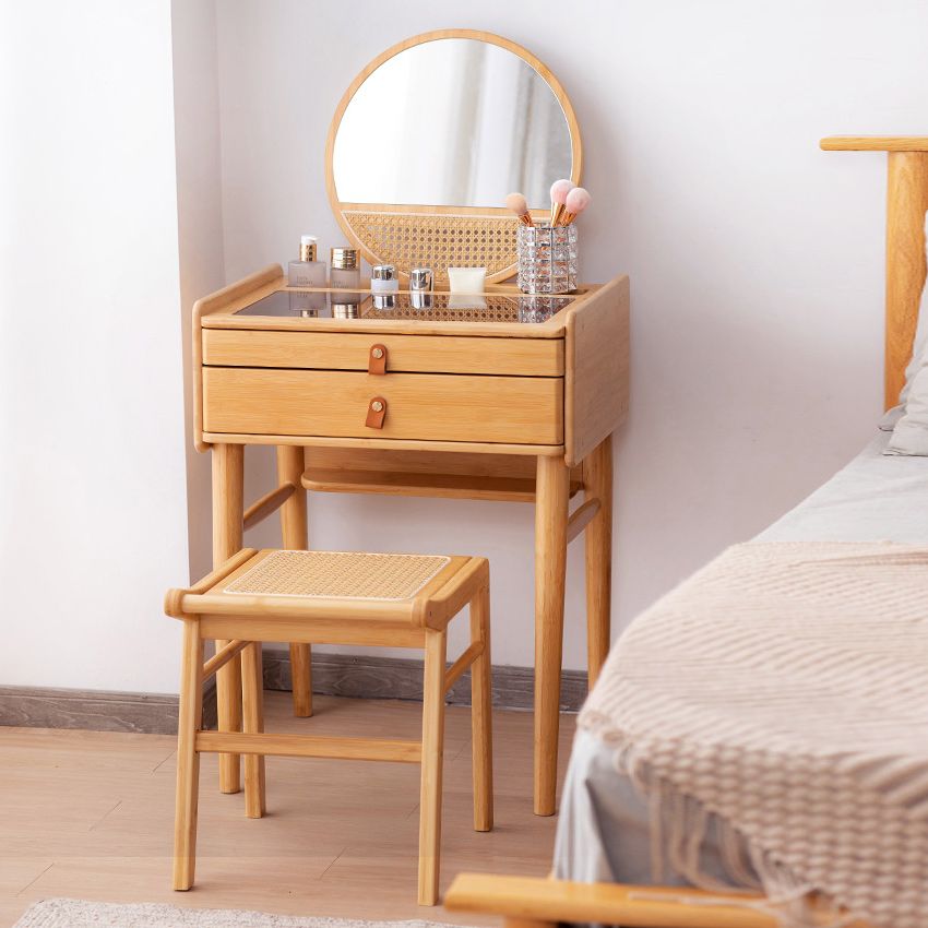 Scandinavian Natural Bedroom Solid Wood Mirror With Drawer Makeup Vanity Set
