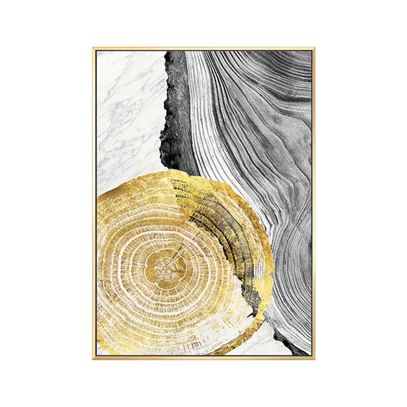 Wood Annual Rings Wall Art in Black and Gold Simplicity Wrapped Canvas for Living Room