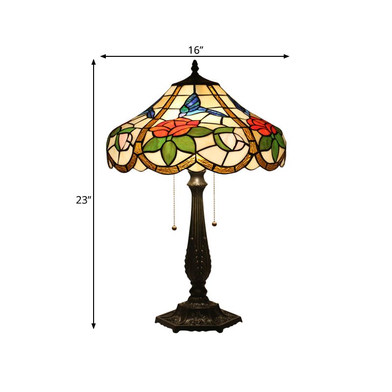 2 Bulbs Bedroom Pull Chain Table Lighting Mediterranean Bronze Petal Patterned Task Light with Bowl Stained Glass Shade