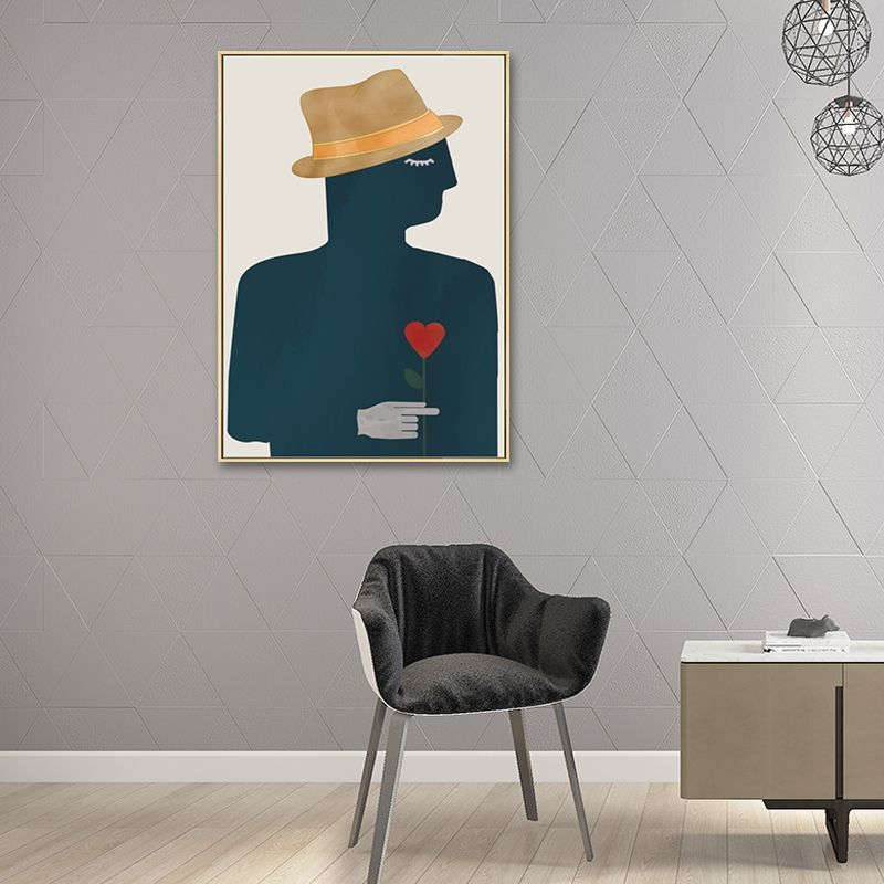 Canvas Texture Painting Nordic Gentleman Holding A Love-Shaped Flower Wall Art