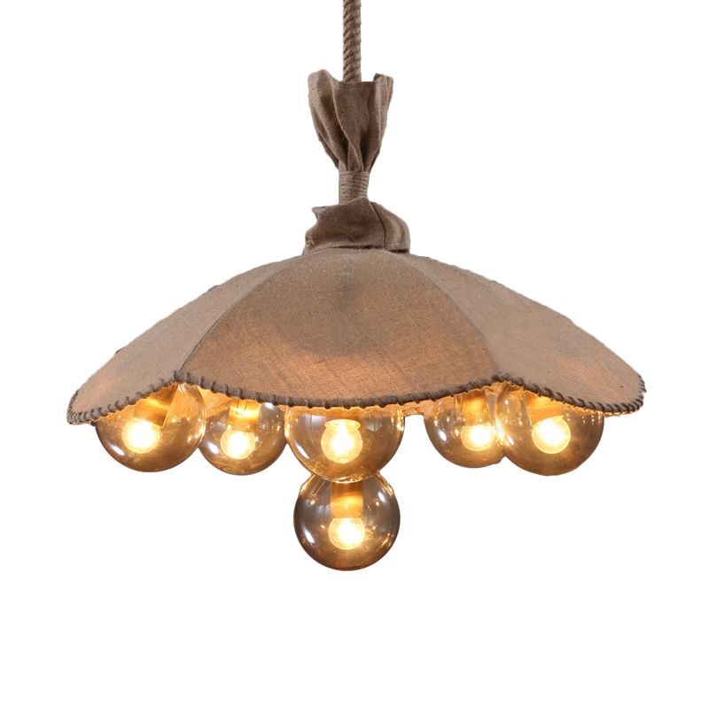 Beige Fabric Scalloped Pendant Light Lodge 6 Heads Living Room Chandelier Lighting with Inner Glass Ball Shade