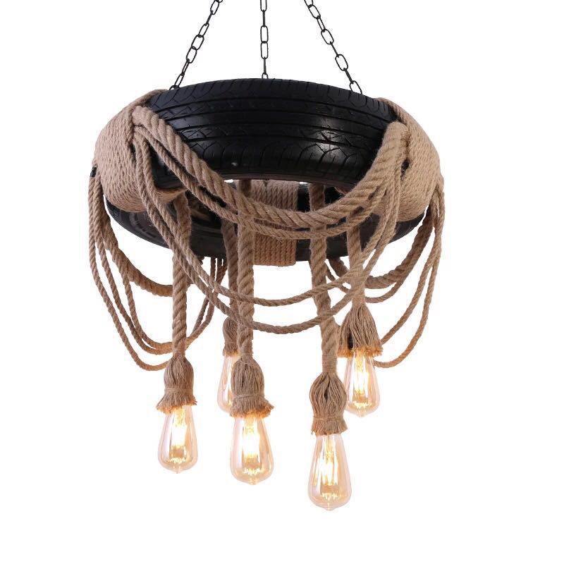 Modelado de neumáticos de estilo vintage Cáñamo Luz colgante de 6 luces Accesorios de iluminación de suspensión de bombilla abierta para cafetería