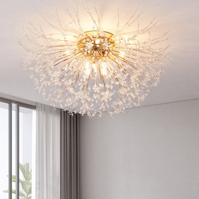 Modern Metal Flush Mount Sputnik Shape Ceiling Light with Crystal Shade for Living Room