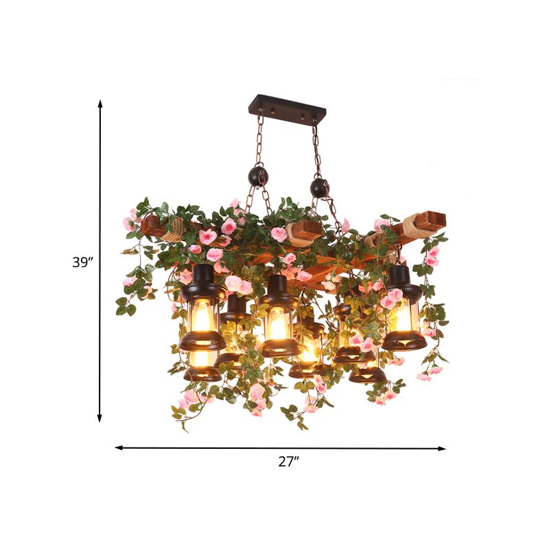 Clear Glass Wood Chandelier Lighting Lantern 8 Heads Farmhouse Ceiling Pendant with Artificial Flower