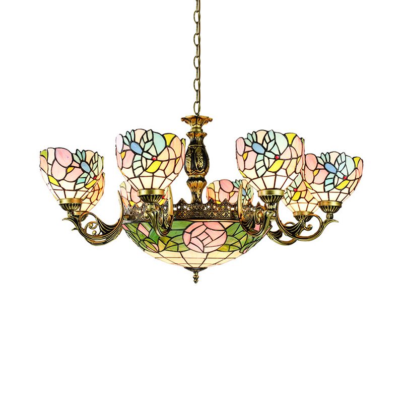 Flower and Bowl Pendant Lighting Stained Glass Lodge Loft Chandelier Lamp for Living Room