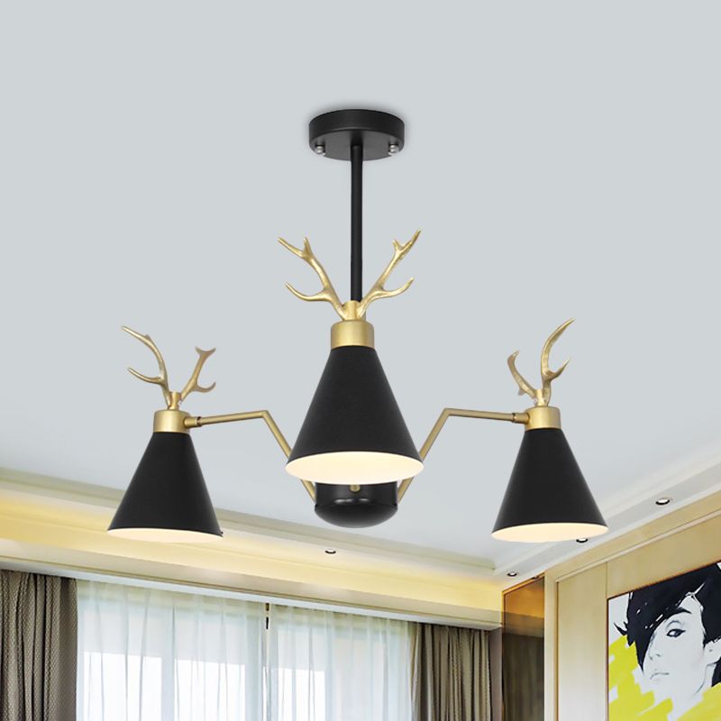 Nordic Cone Hanging Lamp with Deer Horn 3 Lights Metal Chandelier for Cafe Restaurant