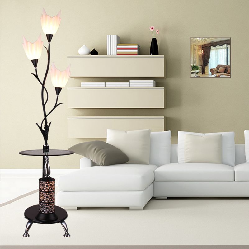 Black 3 Heads Tray Floor Lamp Rural Acrylic Flower Floor Standing Light for Living Room