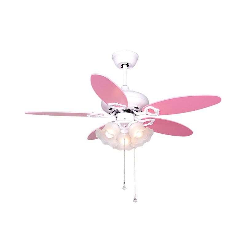 3-Bulb Semi Flush Light Kids Bedroom 5 Pink Blades Hanging Fan Lamp with Floral Opal Glass Shade, 42" W