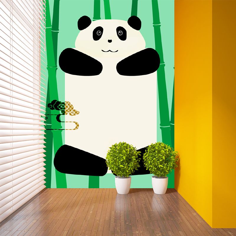 Green Panda Wall Paper Murals Stain Proof Cartoon Kids Bedroom Wall Decor, Non-Woven