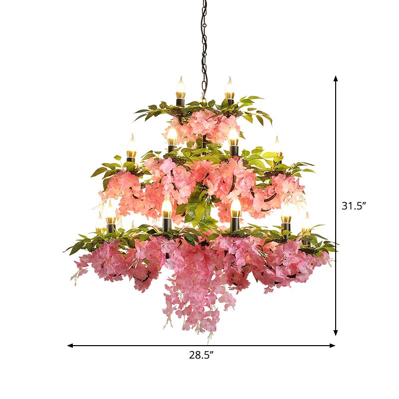 3-Tier Candle Iron Chandelier Light 21 Heads Restaurant Flower Ceiling Pendant Lamp in Pink