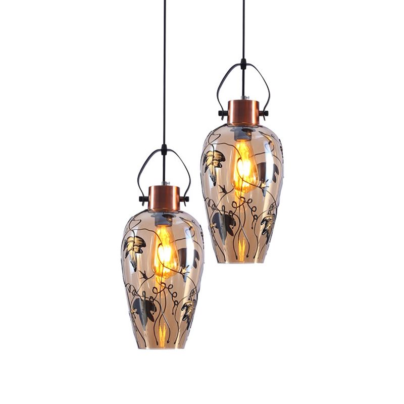 Gold Conical Multi Light Pendant Industrial Amber Glass 2/3 Heads Dining Room Ceiling Lamp with Maple Leaf Pattern