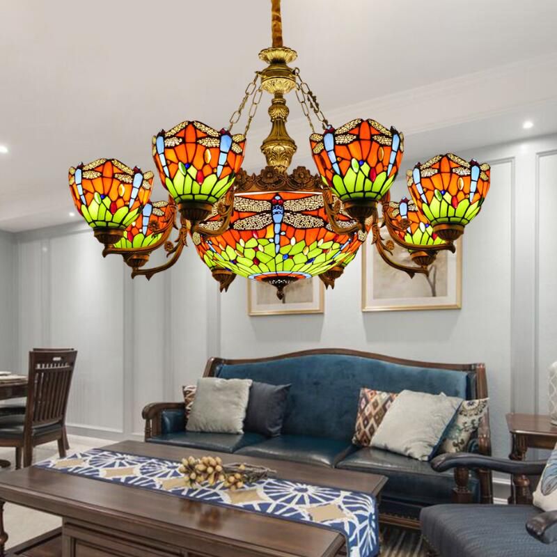 Bowl Chandelier Lighting Fixture Tiffany-Style Stained Art Glass Hanging Chandelier