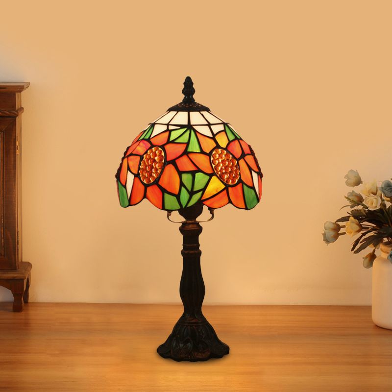 1 Light Bedroom Nightstand Light Mediterranean Bronze Sunflower Patterned Night Lighting with Bowl Stained Glass Shade