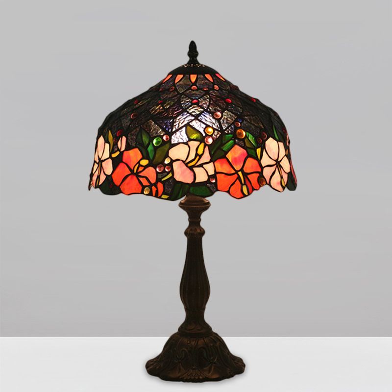 1 Light Bedroom Task Lamp Victorian Brass Floral Patterned Night Light with Bowl Cut Glass Shade