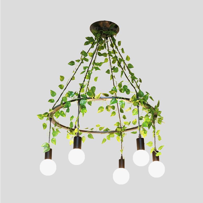 Bare Bulb Restaurant Cluster Pendant Industrial Metal 6 Bulbs Black Ceiling Lamp with Plant Decor