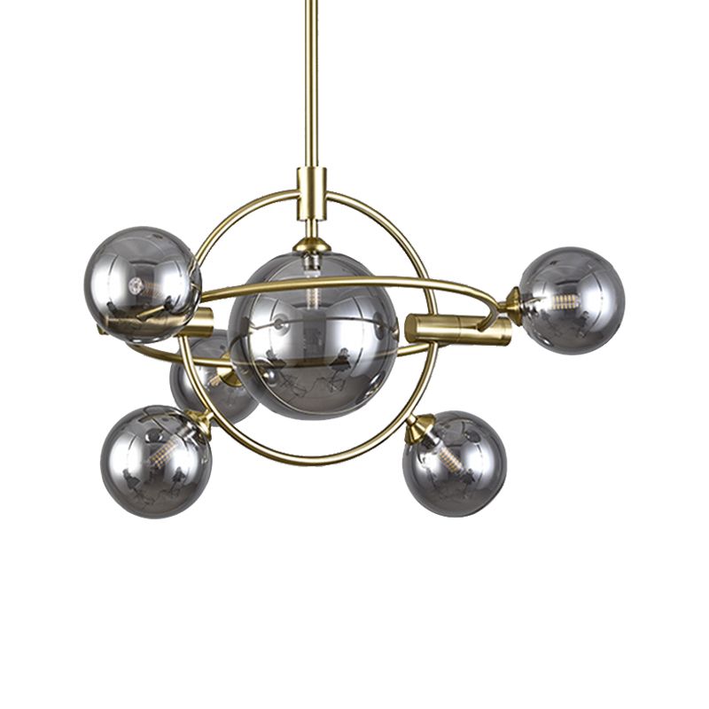 Gold Concentric Ring Pendant Light with Sphere Shade Amber/Clear/Smoke Glass Contemporary Chandelier for Living Room