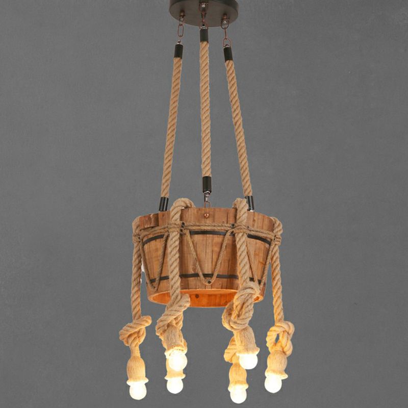 Naked Bulb Roped Pendant Light Fixture Rustic Restaurant Suspension Lamp in Light Brown