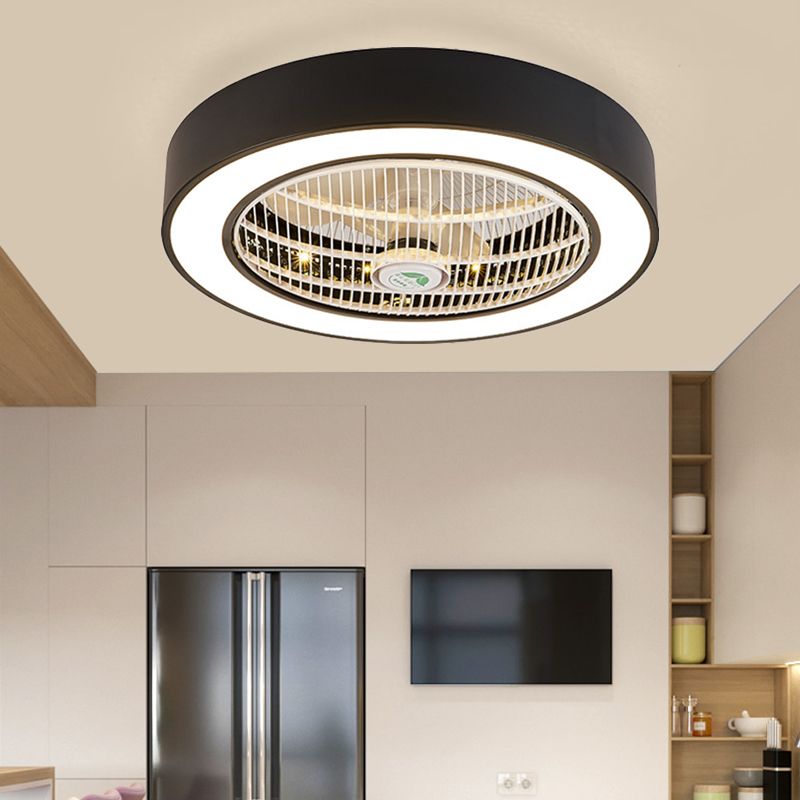 23.5" W LED Drum Fan Light Fixture Minimalist White/Black Finish Metallic 6 Blades Semi Flush Mounted Lamp for Bedroom