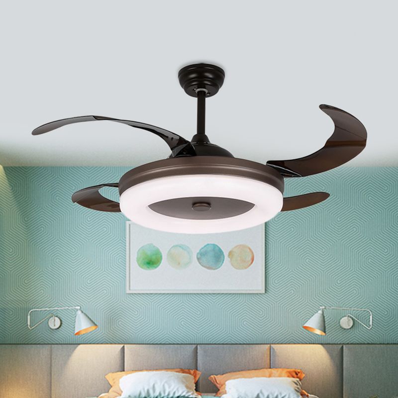 42" W Simple Circle Pendant Fan Light LED Metal Semi Flush Mount Lighting in Coffee with 4 Blades, Remote/Wall Control/Remote and Wall Control