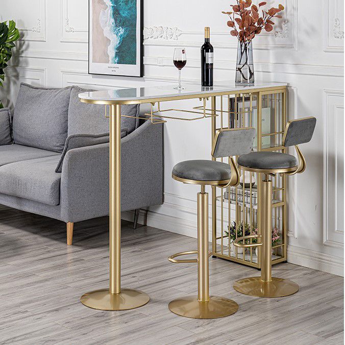 Glam Gold Iron Bistro Table White Stone Top Indoor Bar Dining Table with Shelf