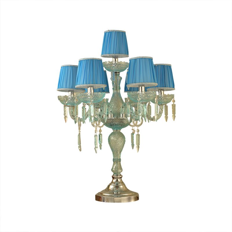 Crystal Blue Nightstand Lamp Candlestick 5/6/7 Bulbs Traditional Sleeping Room Table Light with Barrel Fabric Shade