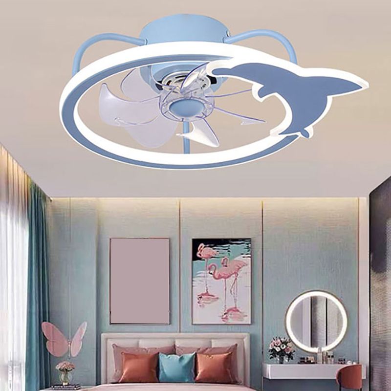 Dolphin Ceiling Fan Light Fixture Cartoon Acrylic Nursery LED Semi Flush Light