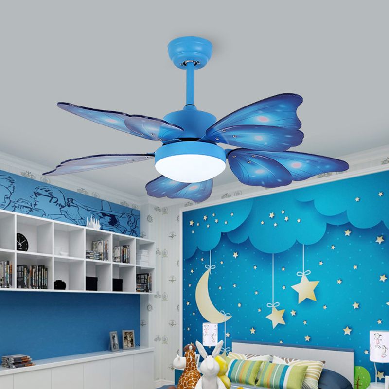 LED Acrylic Semi Flush Mount Kids Pink/Blue 5 Butterfly Wing Blades Bedroom Hanging Fan Light with Wall/Remote Control, 42" Wide