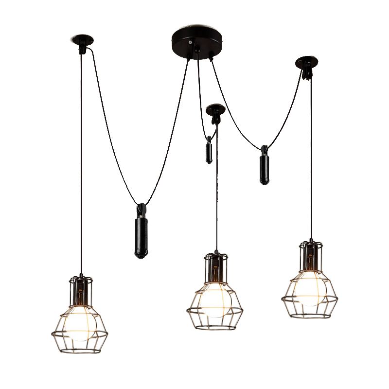 3/5/8 Heads Caged Pendant Light Fixture Farmhouse Black Metallic Hanging Lamp with Swag Design