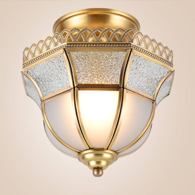 Glass Close to Ceiling Light Traditional Brass Faceted Aisle Semi Mount Lighting