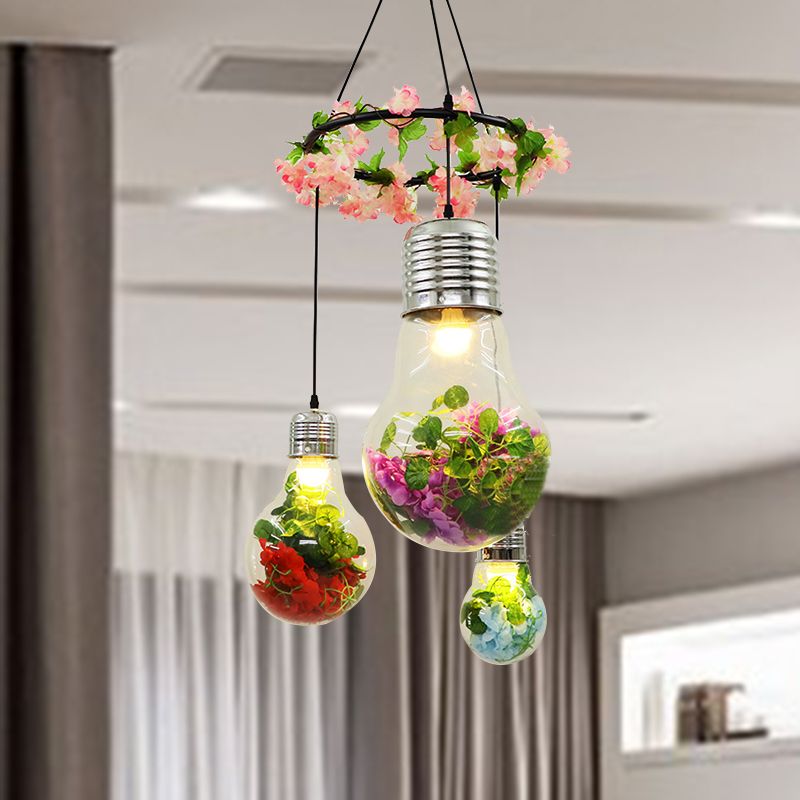 Clear Glass Bulb Cluster Pendant Industrial 3 Lights Restaurant LED Ceiling Lamp in Black with Flower Decoration