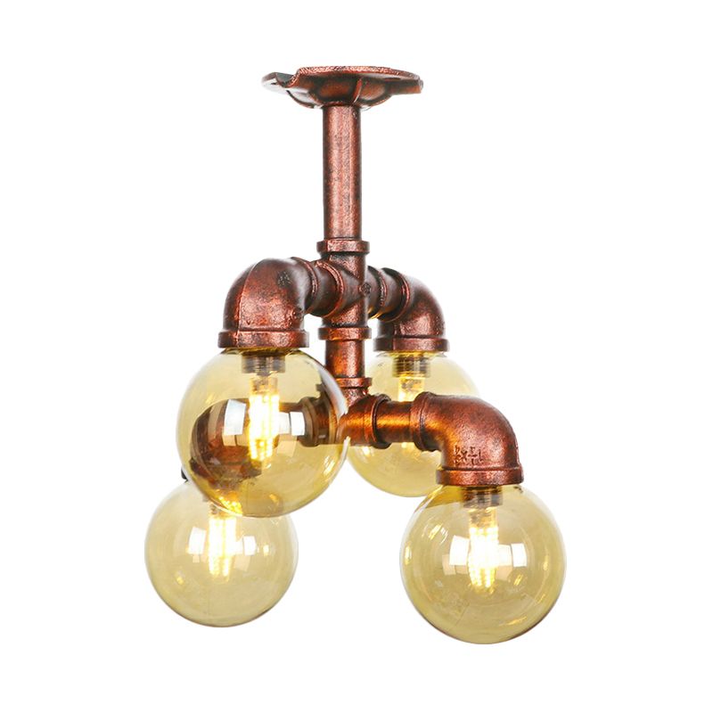 Farmhouse Global Semi Mount Lighting 4/5/6-Light Amber Glass LED Flush Lamp Fixture in Copper