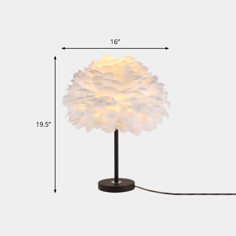 Hand-Weaving Feather Table Lamp Minimalistic Single-Bulb White Nightstand Light for Girls Room