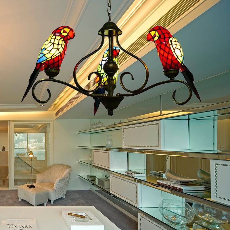 Stained Glass Chandeliers for Dining Rooms, Ceiling Light Fixture in Antique Brass with Parrot Design Tiffany Style