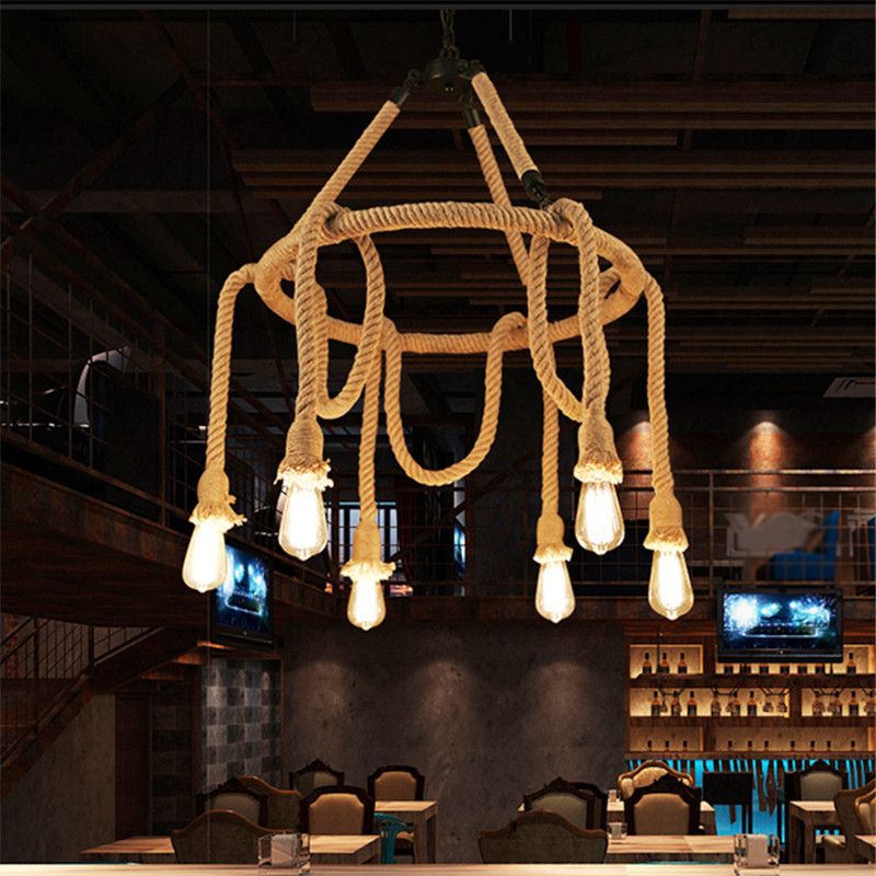 Brown Circle Ceiling Suspension Lamp Lodge Roped 6/8 Lights Restaurant Chandelier with Naked Bulb Design